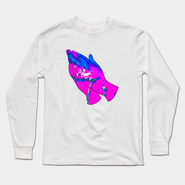 Prayer Hands Glitch Art Glitchcore Long Sleeve T-Shirt by raspberry-tea